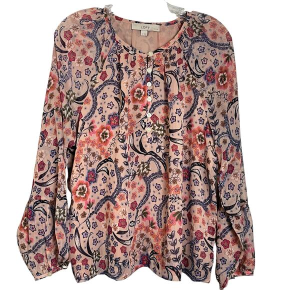 Loft Floral Pink Peasant Blouse Long Sleeve Sz LP Boho Romantic Barbiecore (3009 - Picture 1 of 8